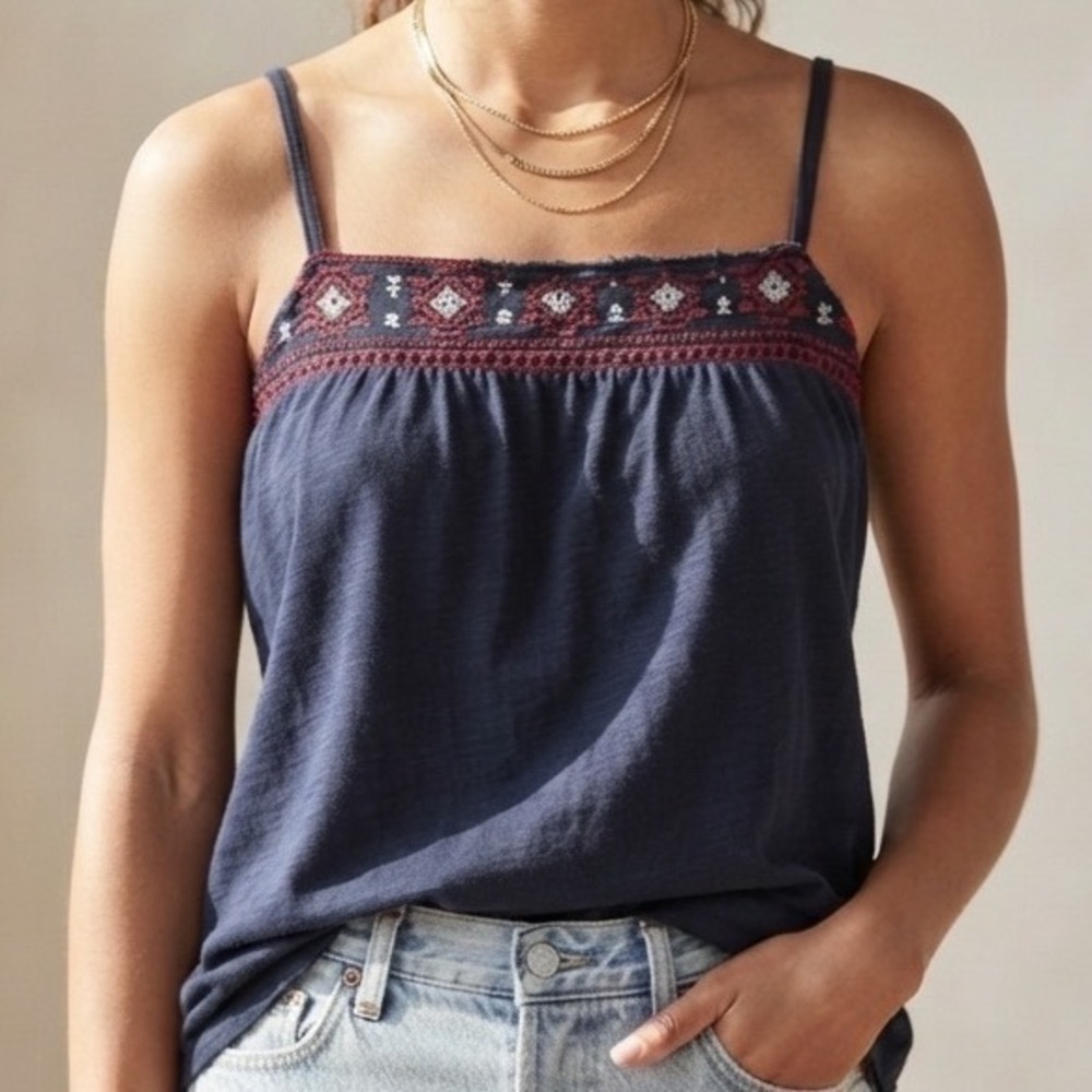 Y2K Abercrombie & Fitch Navy Blue Embroidered Boho‎ Cami Tank Top Large